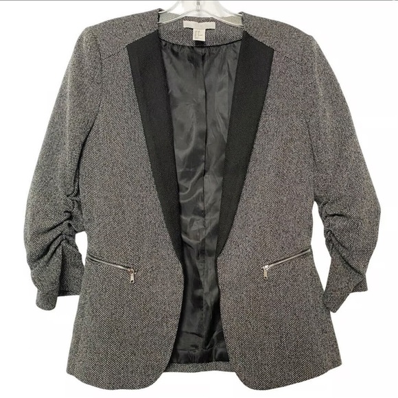 H&M Tweed Flyaway Tuxedo Blazer Open Front Zipper Detail  Ruched Sleeves - Picture 1 of 11
